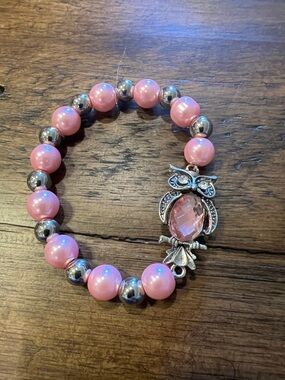 Pink Beaded Bracelet with Owl Crystal Charm - Women's Jewelry